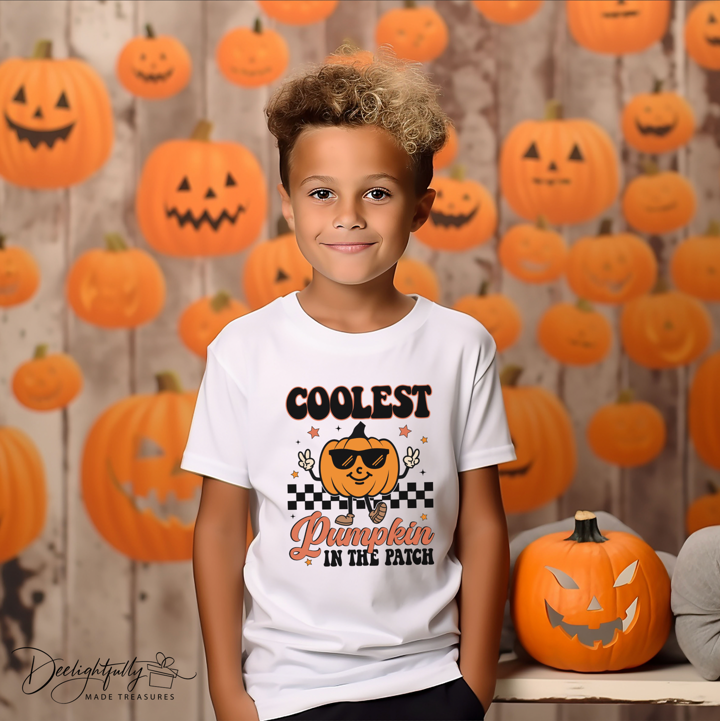 Boy wearing a white Bella + Canvas crewneck shirt with Coolest Pumpkin in the Patch Design