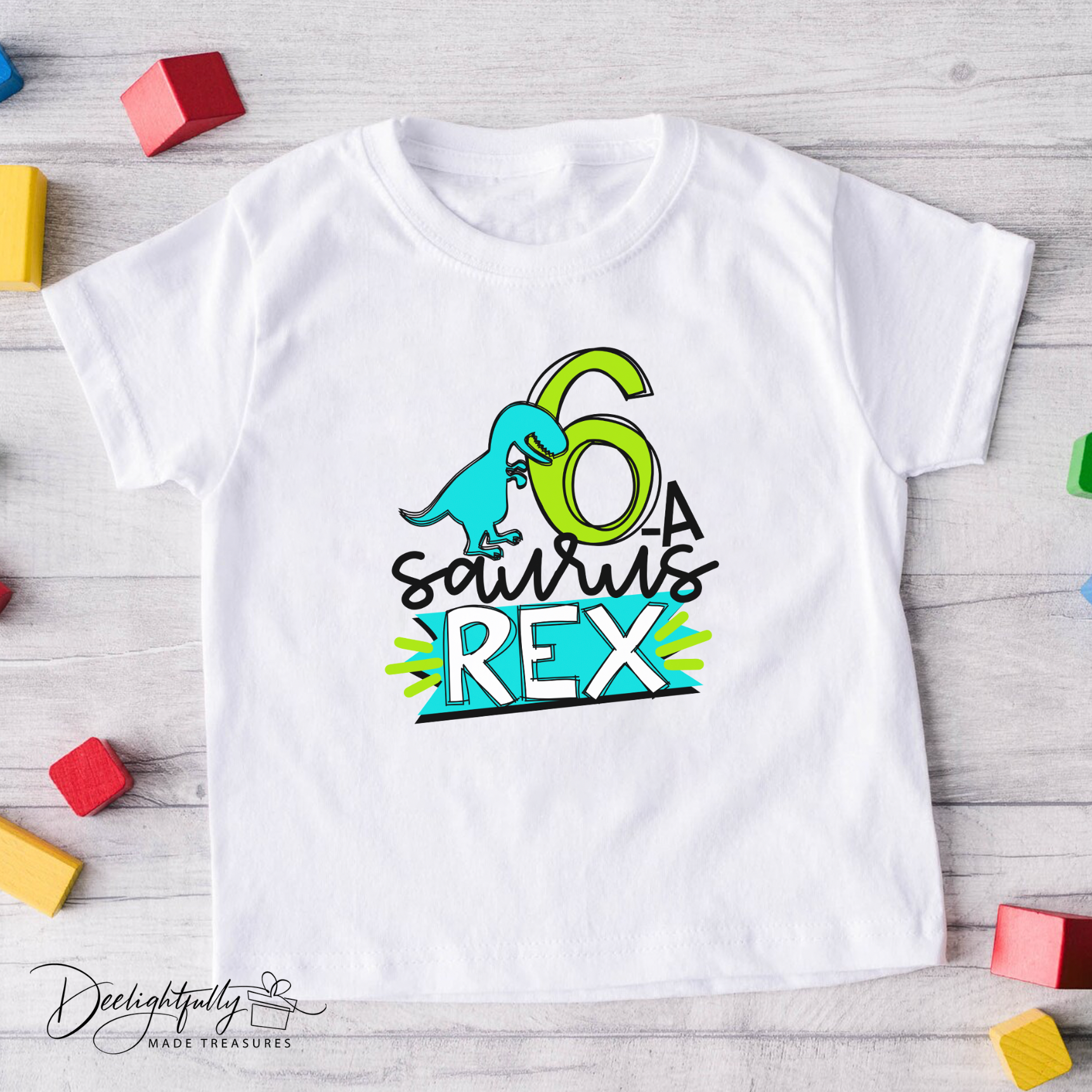 White crewneck Bella + Canvas T-shirt with blue and green dinosaur design