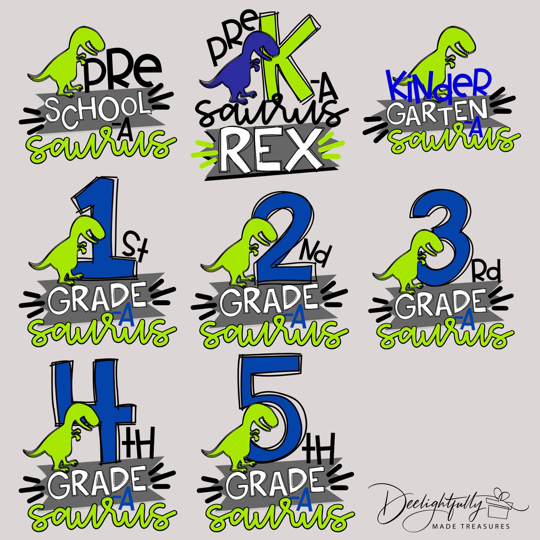 Available school grade designs: pre-school, pre-K, kindergarten, 1st grade, 2nd grade, 3rd grade, 4th grade and 5th grade