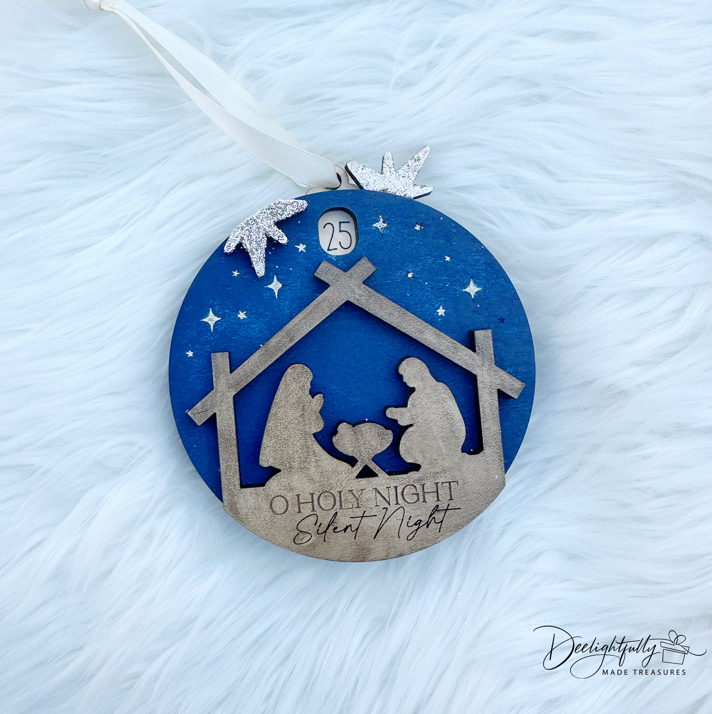 Engraved O Holy Night Silent Night Wooden Christmas Nativity Countdown ornament on a white background