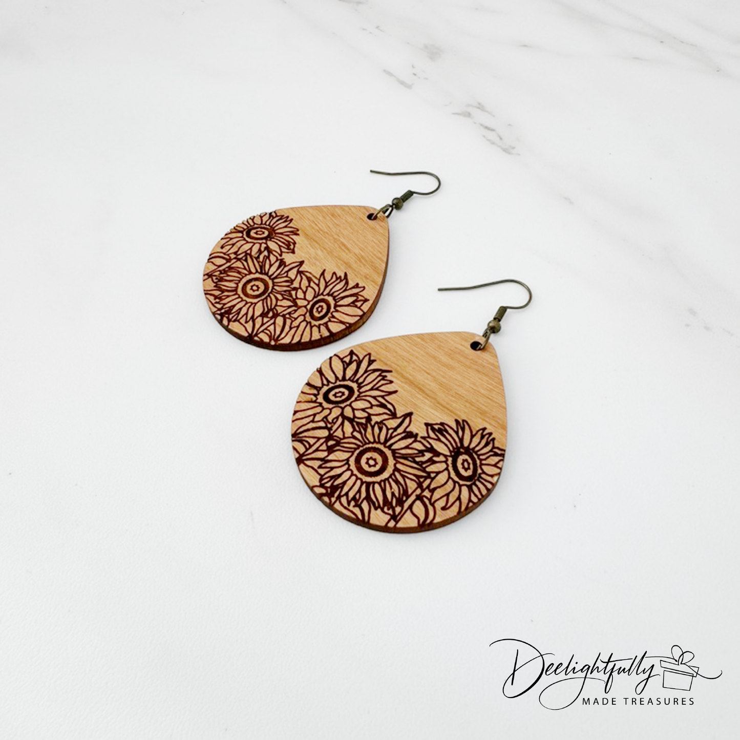 Sunflower Engraved Wide Wooden Earrings