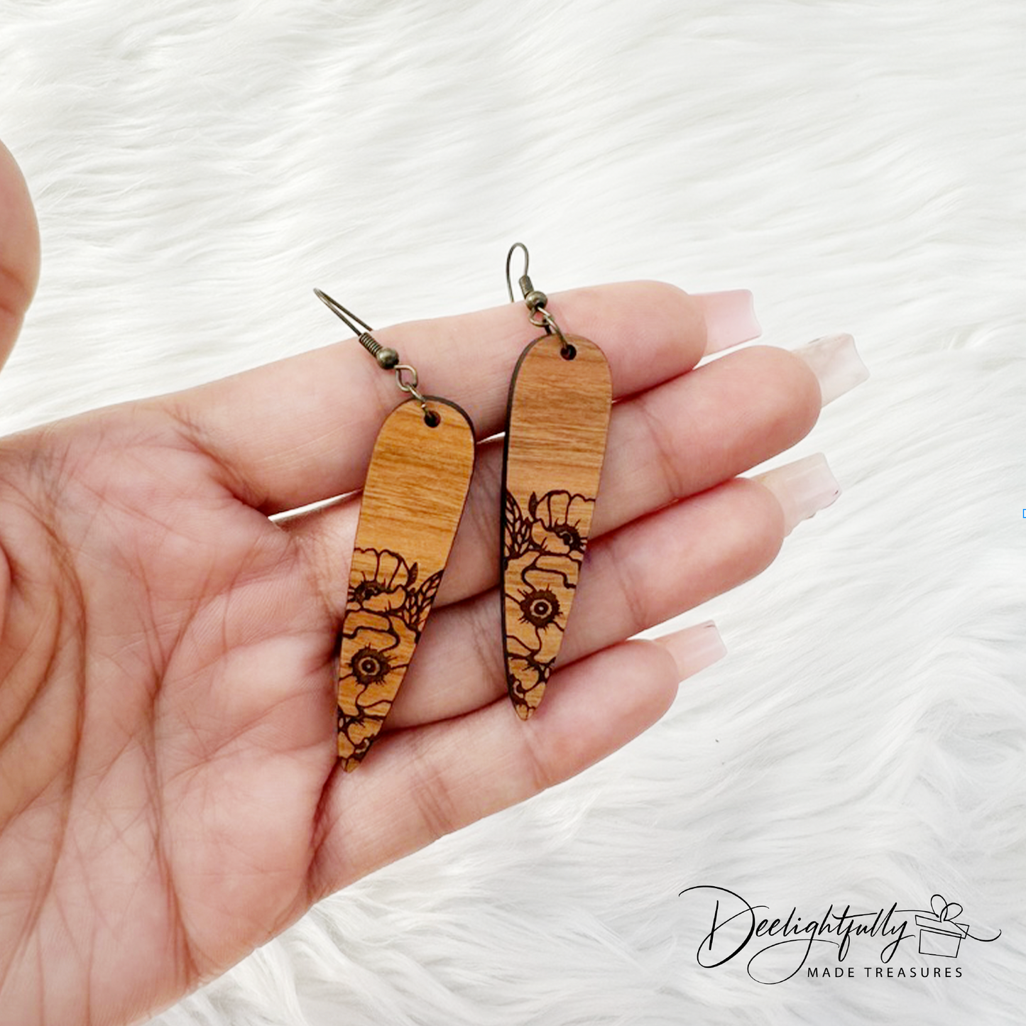 Floral Engraved Stilettos Wooden Earrings