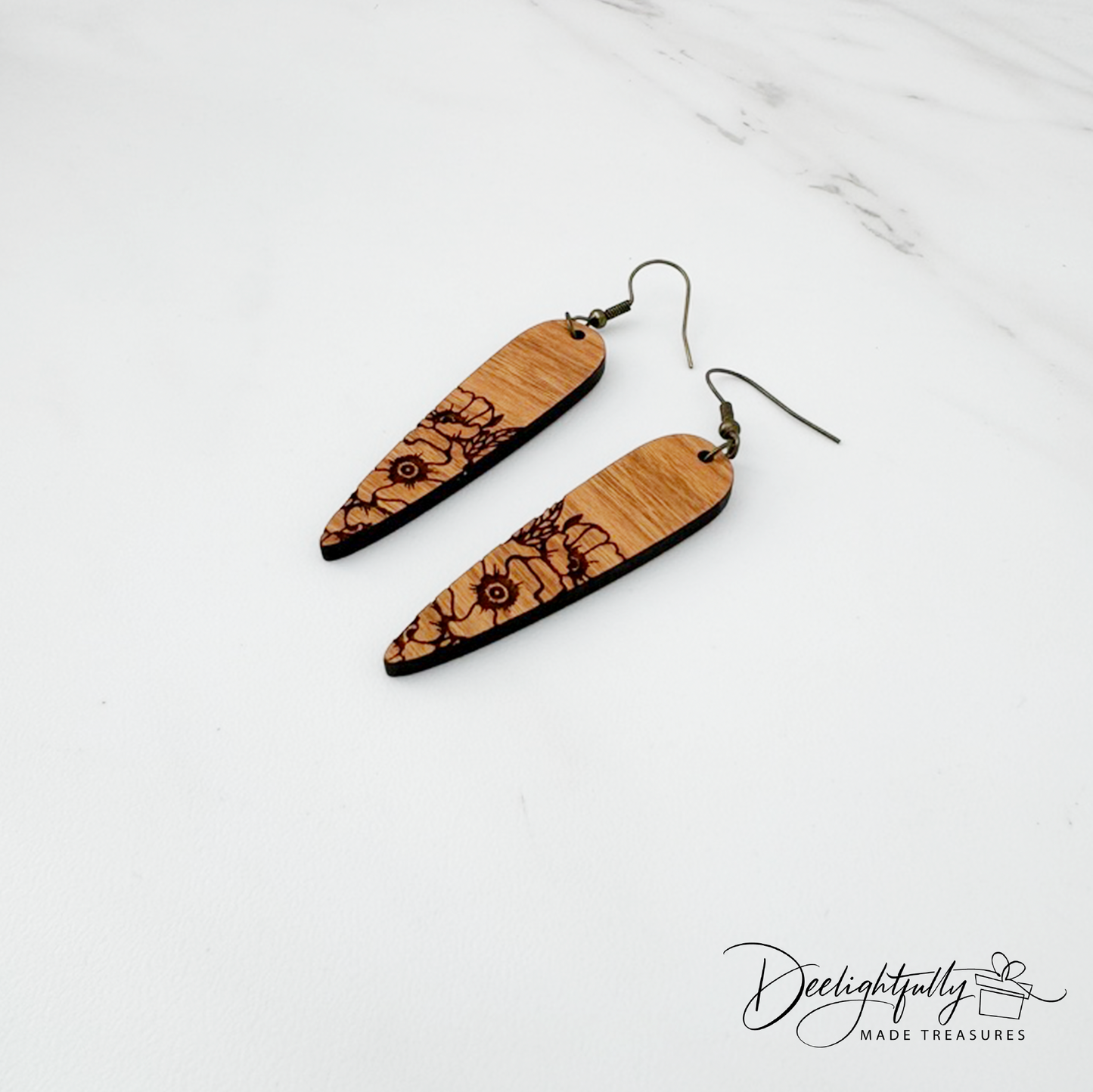 Floral Engraved Stilettos Wooden Earrings