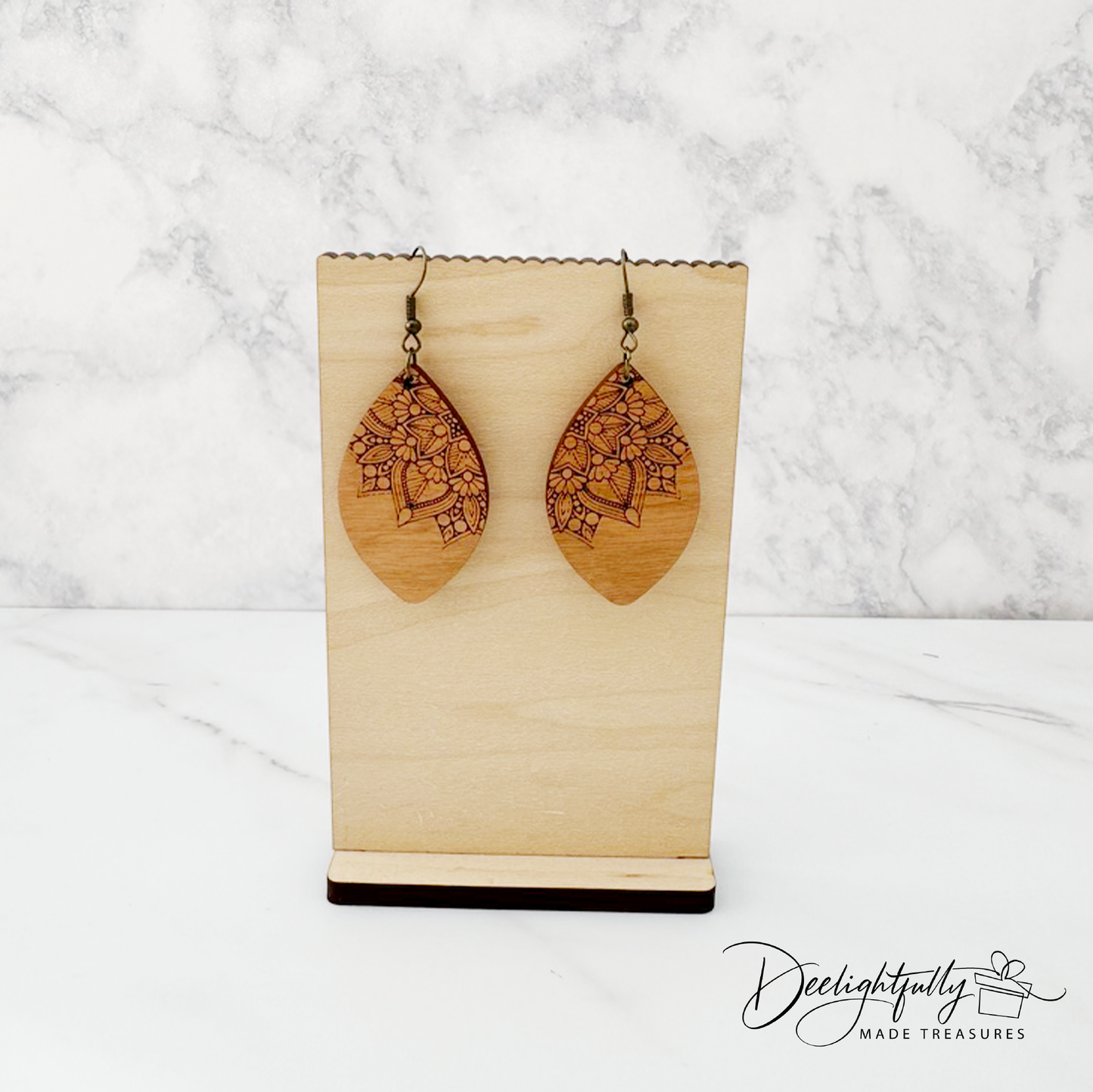 Mandala Engraved Ellipse Wooden Earrings