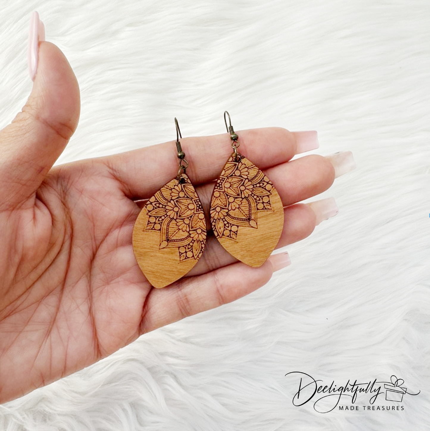 Mandala Engraved Ellipse Wooden Earrings