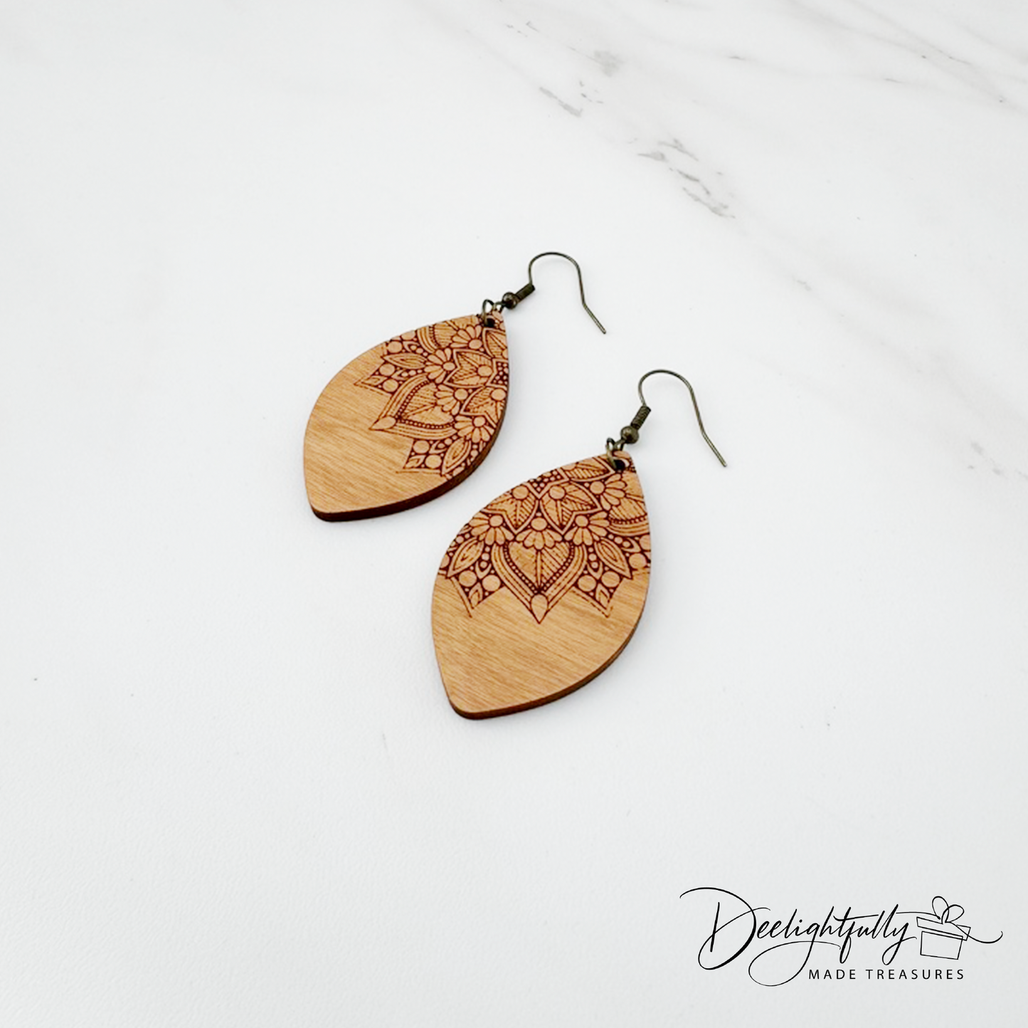 Mandala Engraved Ellipse Wooden Earrings