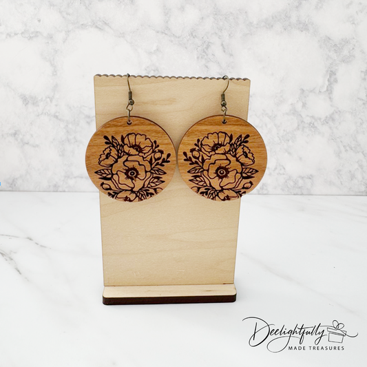 Floral Engraved Round Wooden Earrings