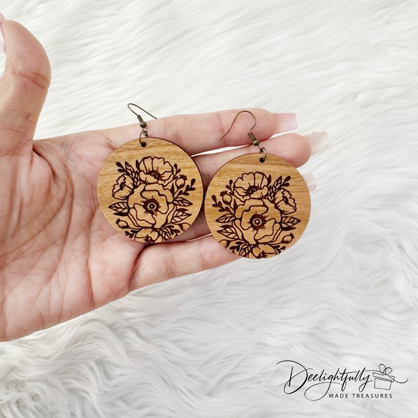 Floral Engraved Round Wooden Earrings