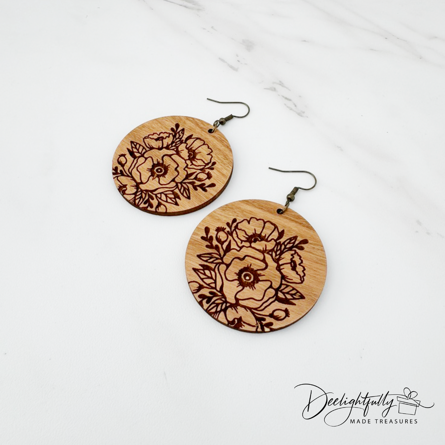 Floral Engraved Round Wooden Earrings