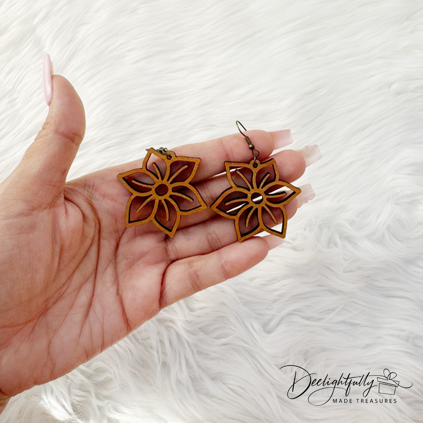 Single Poinsettia Cut Wooden Earrings