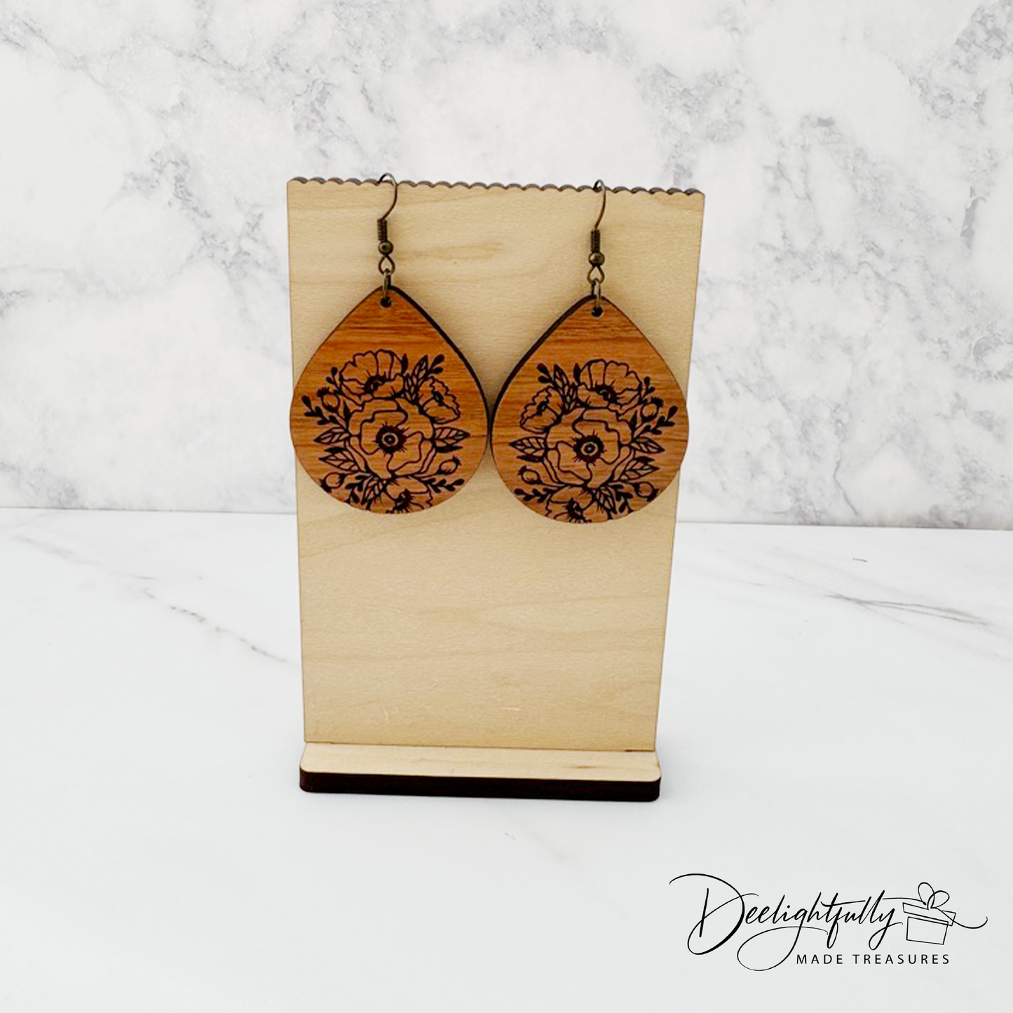 Floral Engraved Tear Drop Wooden Earrings