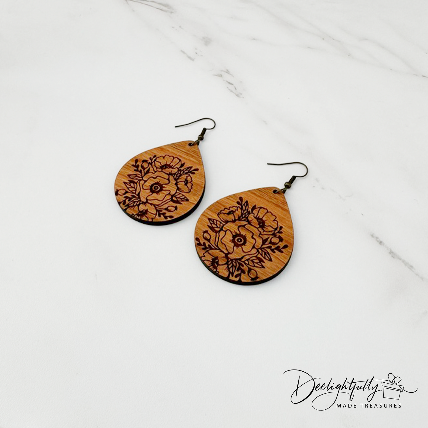 Floral Engraved Tear Drop Wooden Earrings