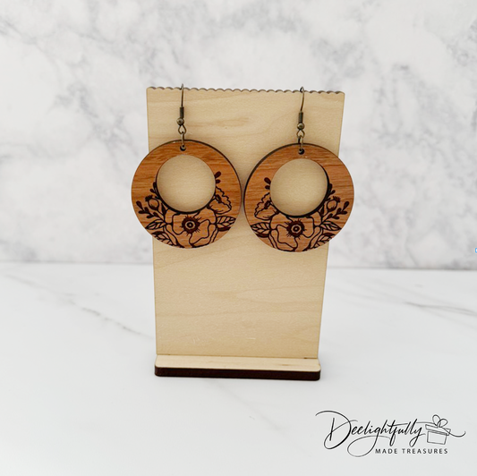 Floral Hollow Center Round Wooden Earrings