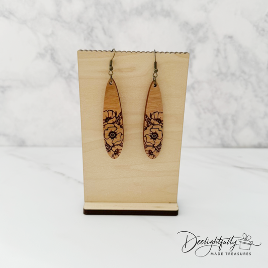 Floral Engraved Skinny Oblong Wooden Earrings