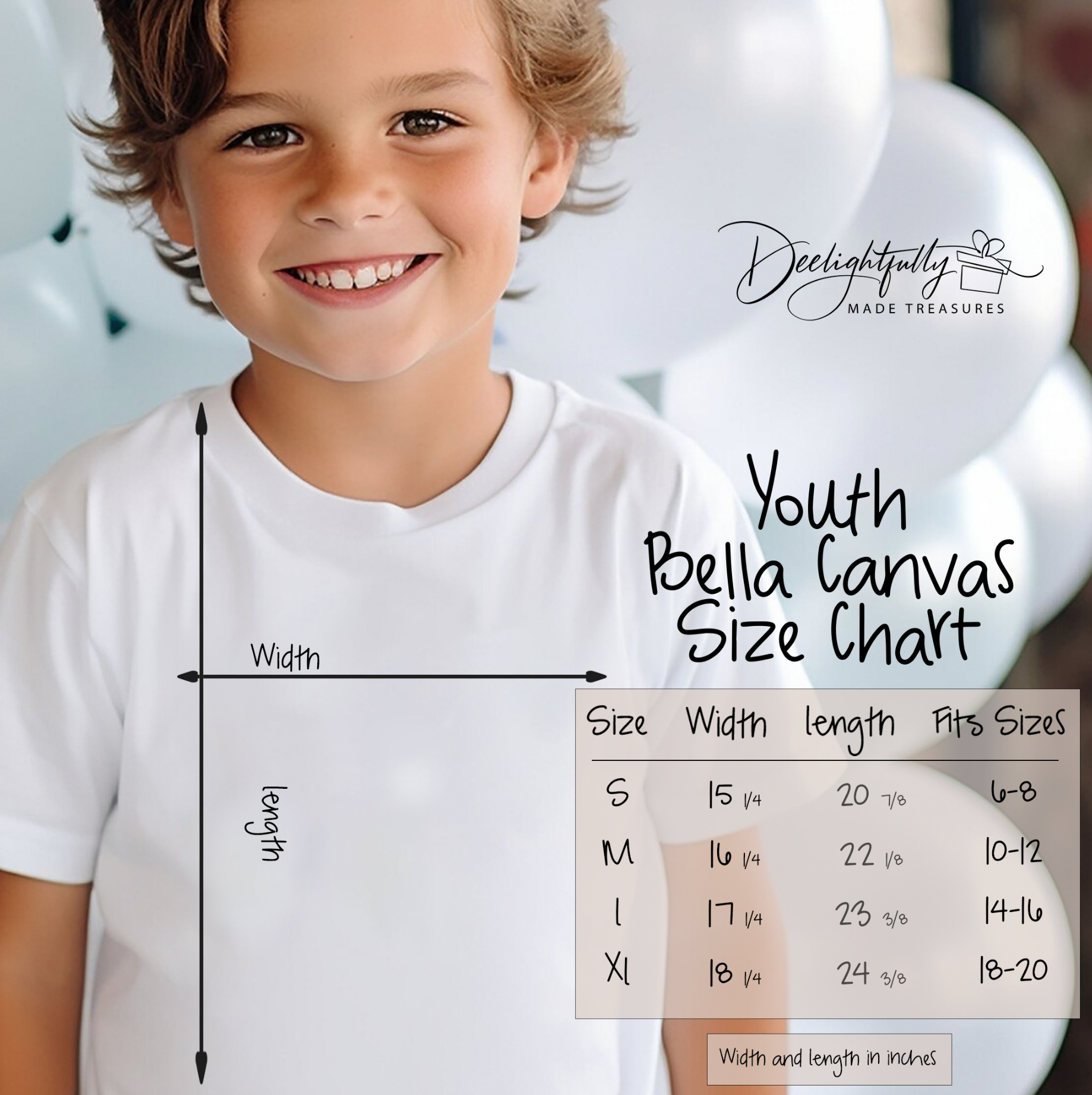 Bella + Canvas Youth T-shirt size chart.