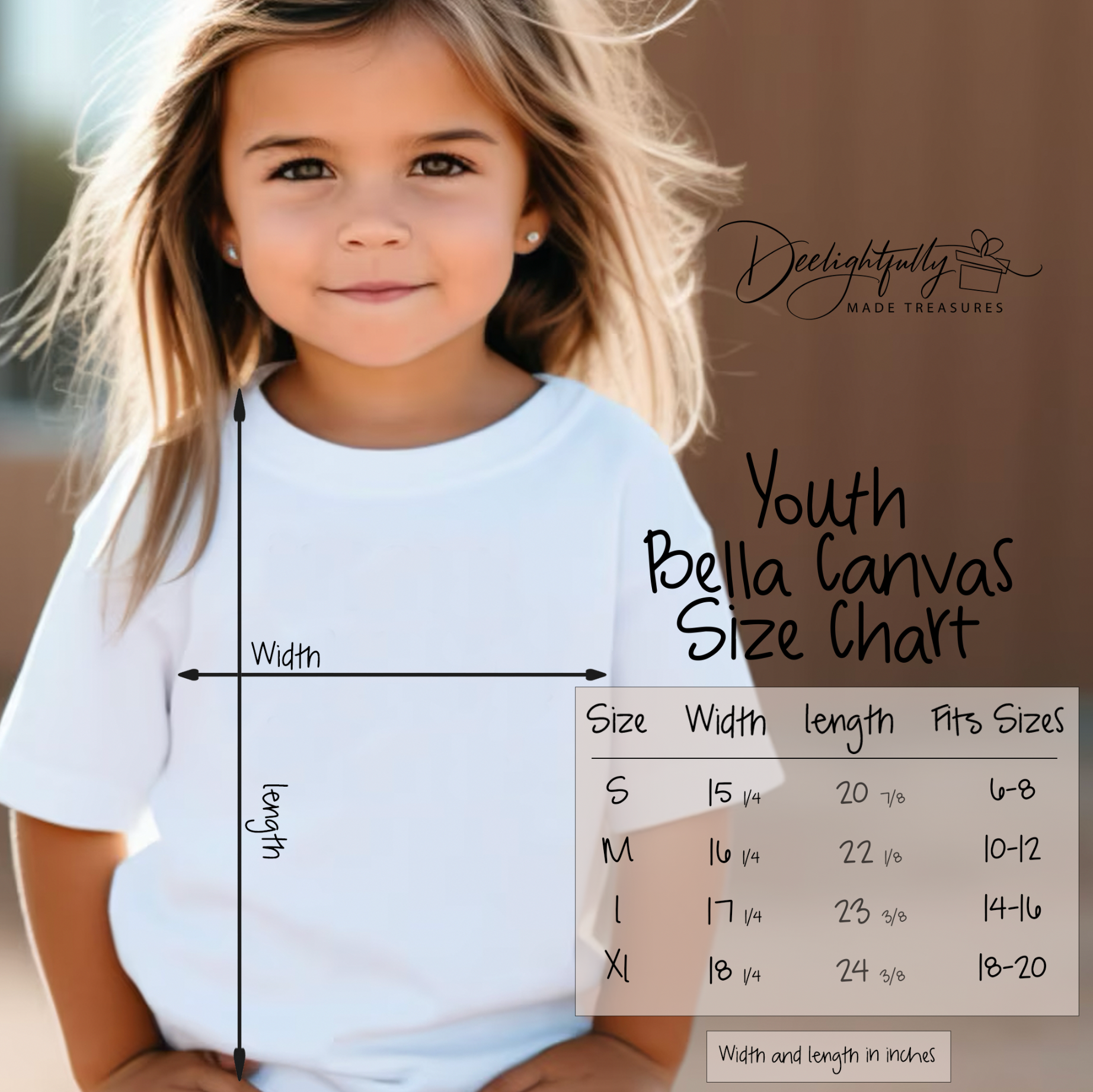 White Bella + Canvas Crewneck unisex youth shirt size chart.