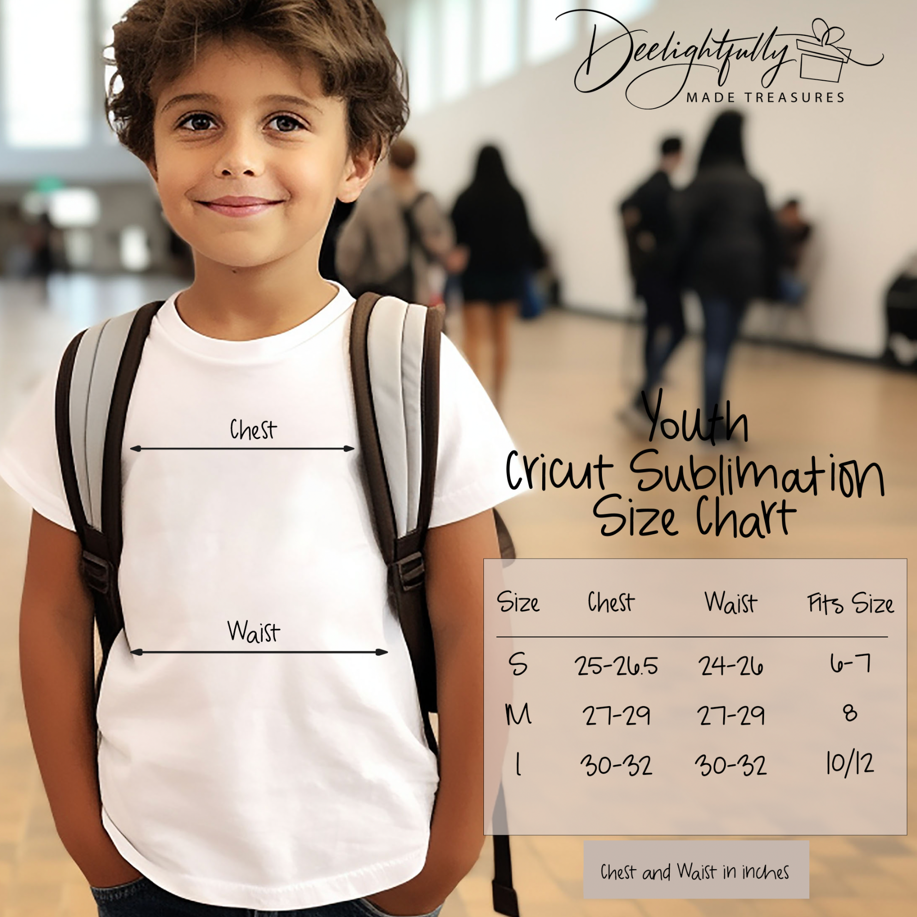 Youth Cricut T-Shirt size chart for sublimation designs.